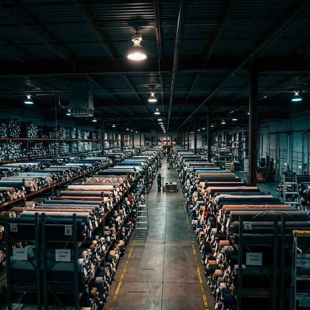 Large modern textile warehouse with organized fabric rolls under dramatic lighting